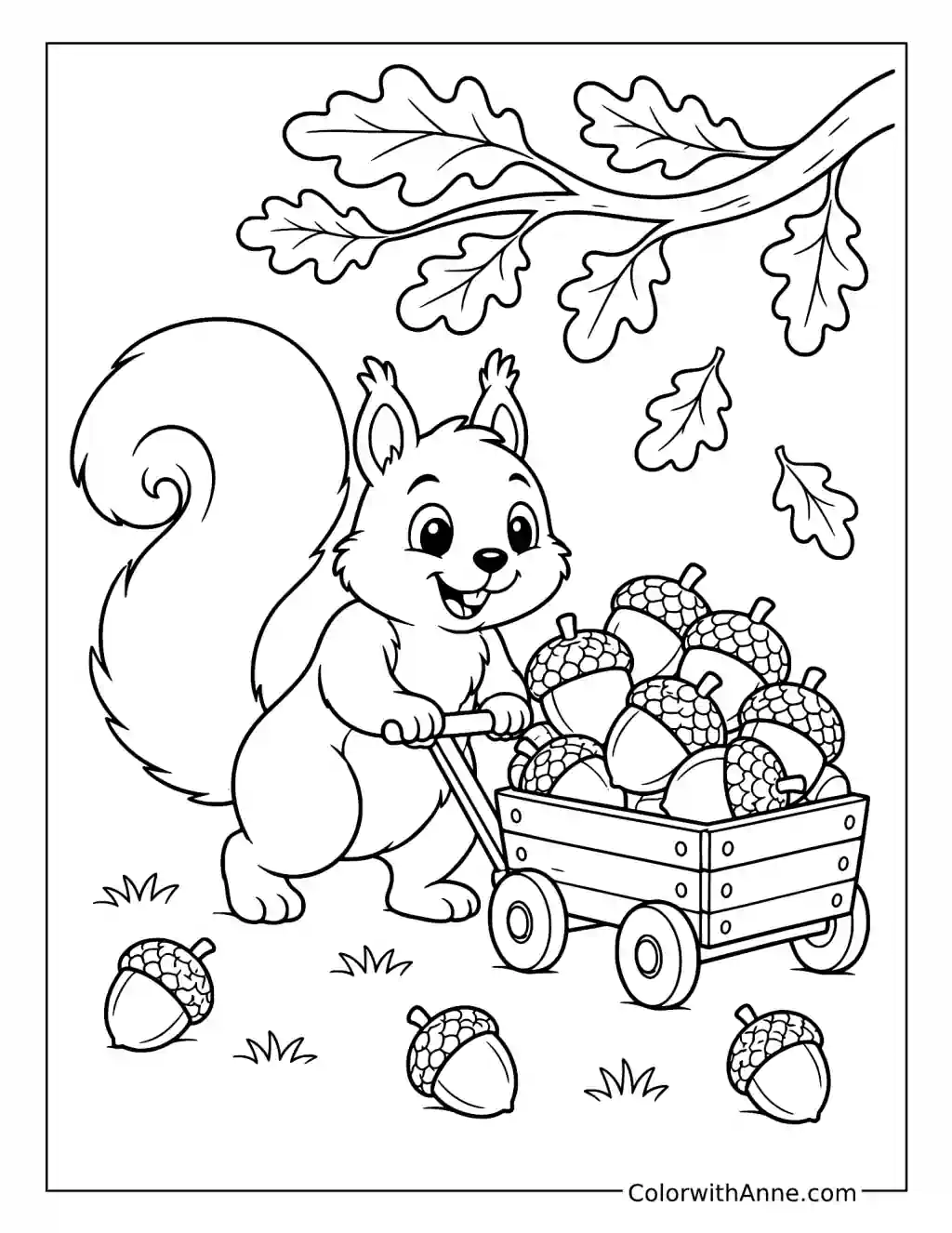Squirrel Pulling a Wagon Full of Acorns coloring page