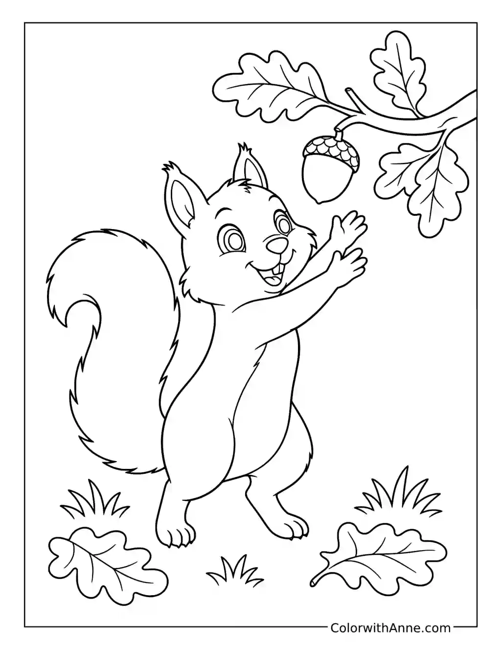Squirrel Reaching for a Hanging Acorn coloring page