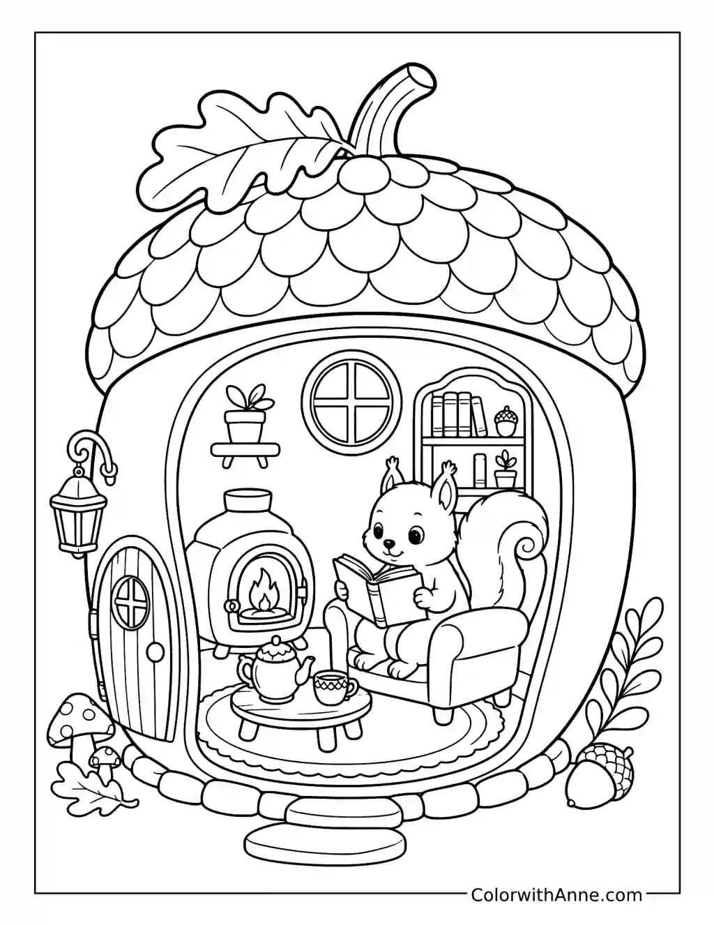 Squirrel Reading Inside an Acorn Cottage coloring page