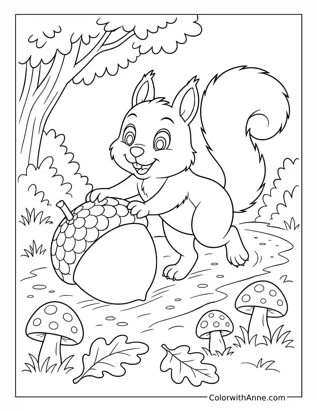 Squirrel Rolling a Giant Acorn coloring page