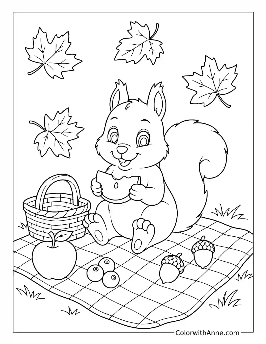 Squirrel’s Autumn Picnic with Maple Leaves coloring page