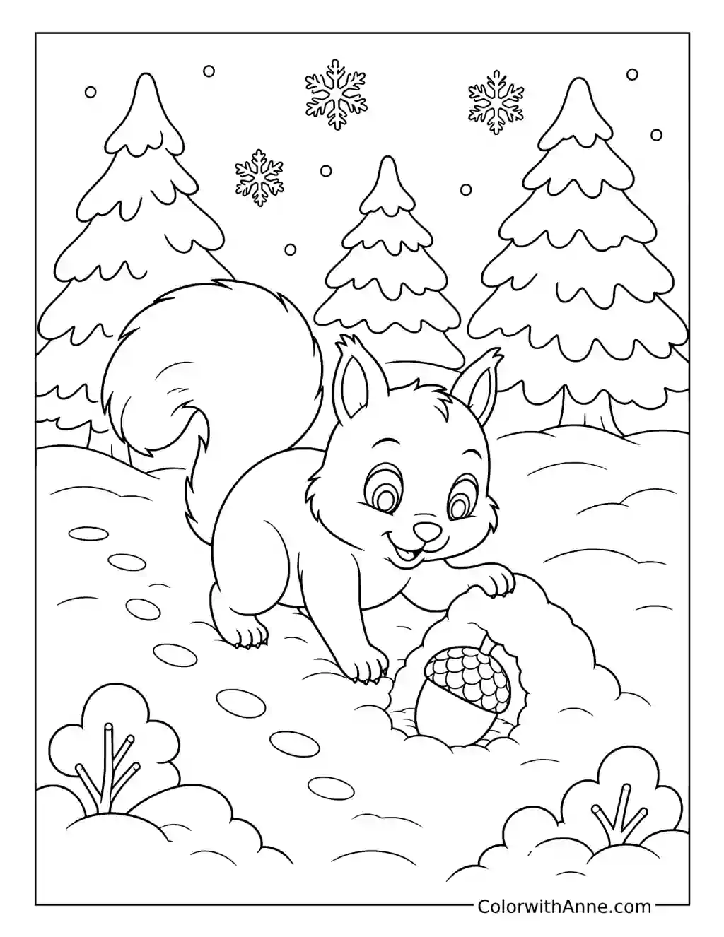 Squirrel’s Snowy Acorn Hunt coloring page