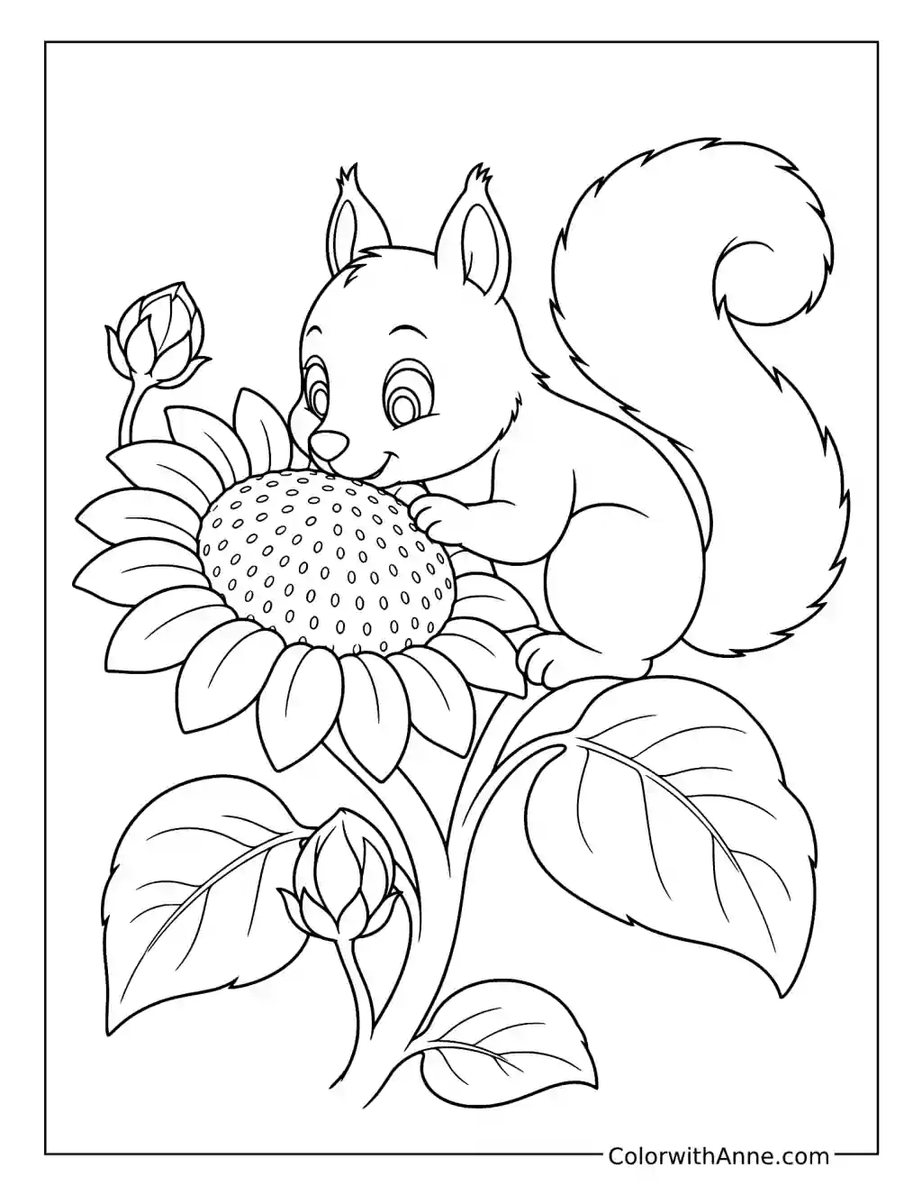 Squirrel Sniffing a Sunflower coloring page