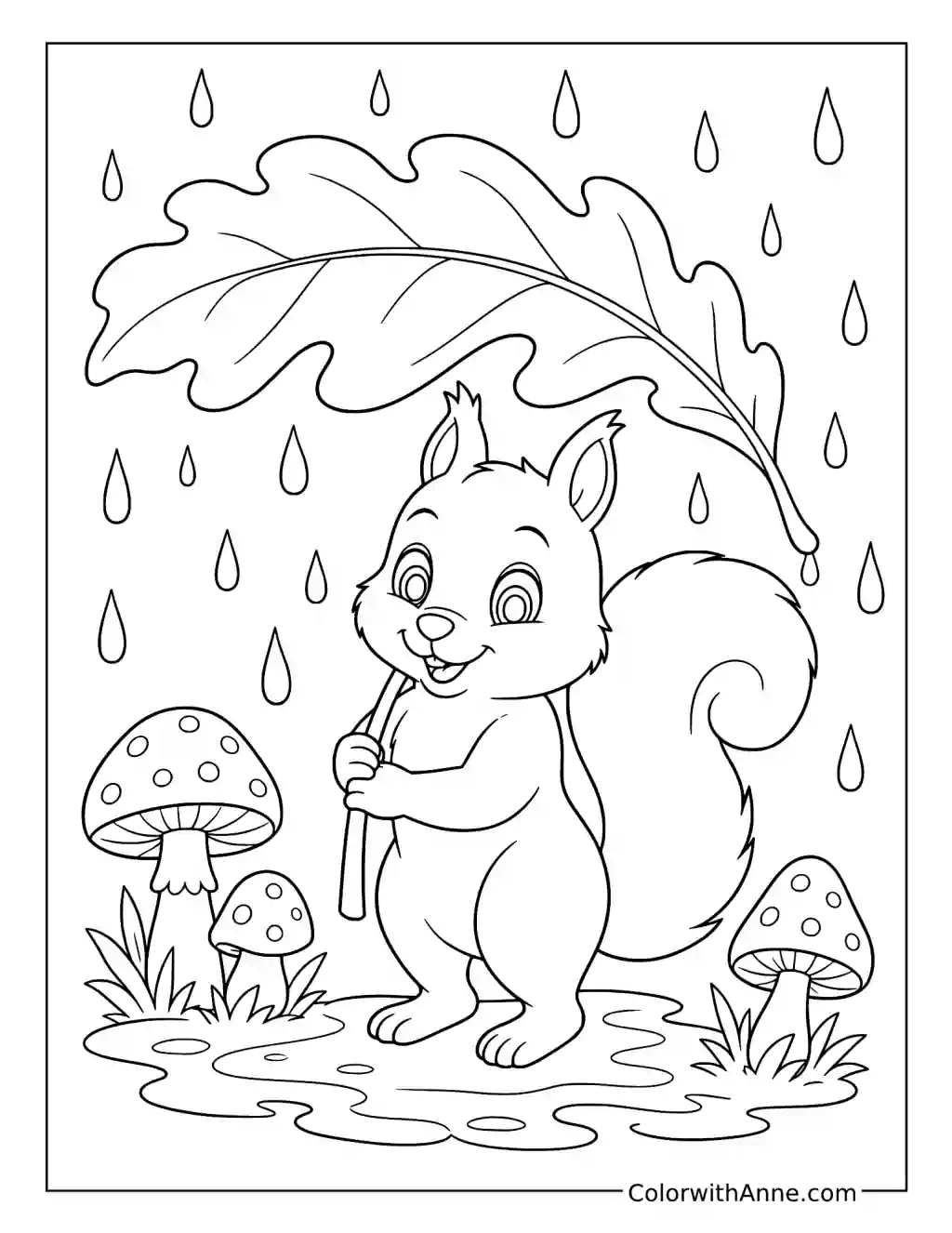 Squirrel under an Autumn Leaf Umbrella coloring page