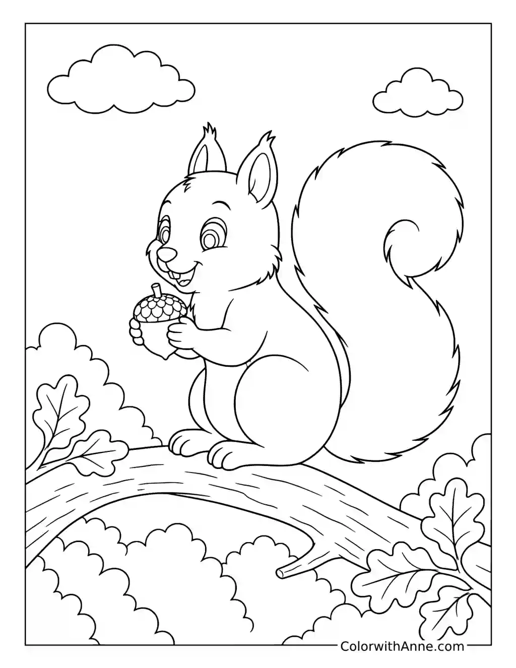 Squirrel with Acorn on Oak Branch coloring page