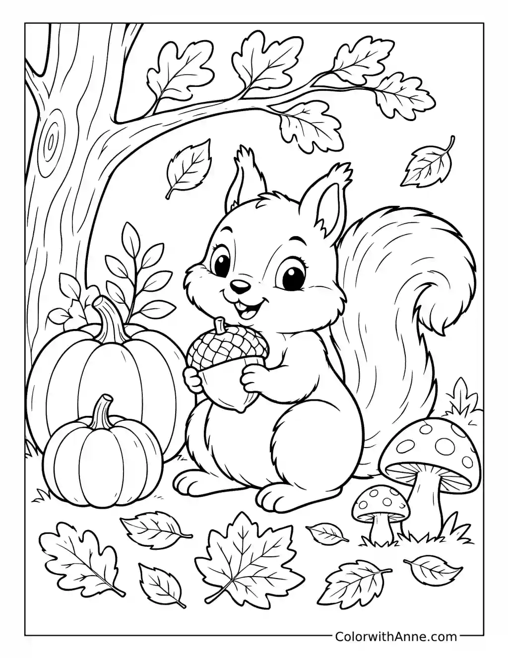 Squirrel with Autumn Pumpkins and Mushrooms coloring page