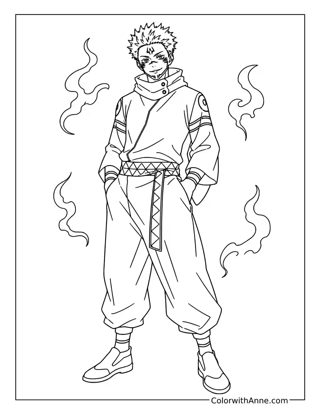 Standing Sukuna Surrounded by Cursed Flames coloring page