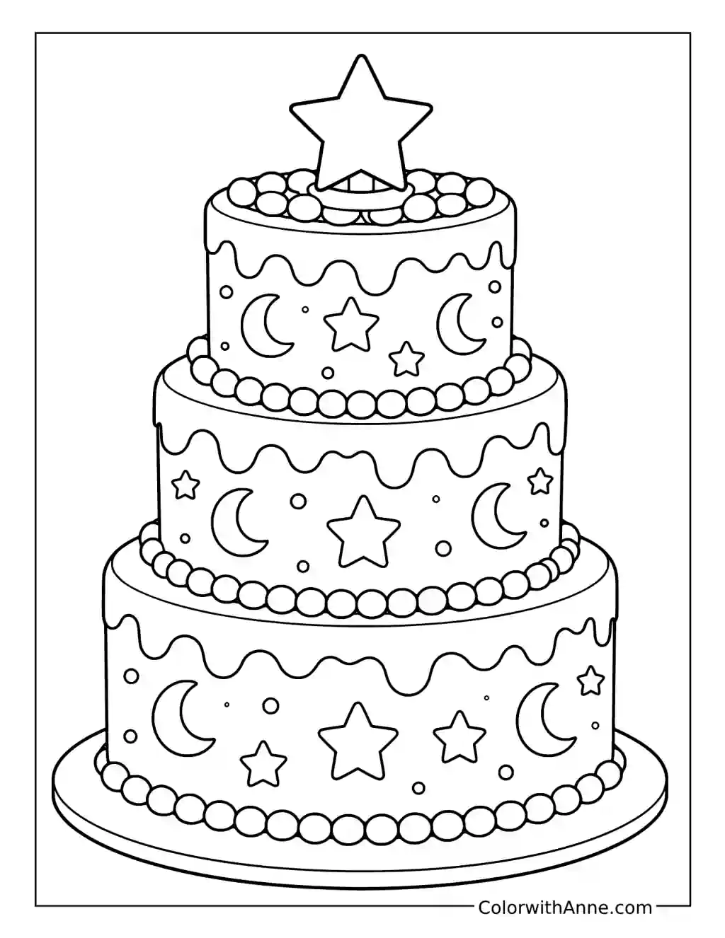 Star and Moon Three-Tier Birthday Cake coloring page