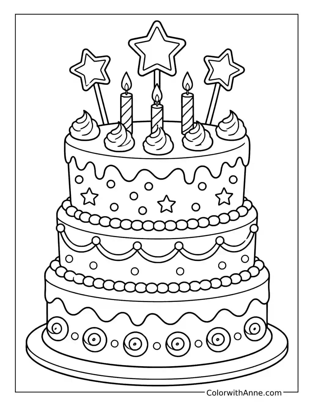 Star Wand Three-Tier Birthday Cake coloring page