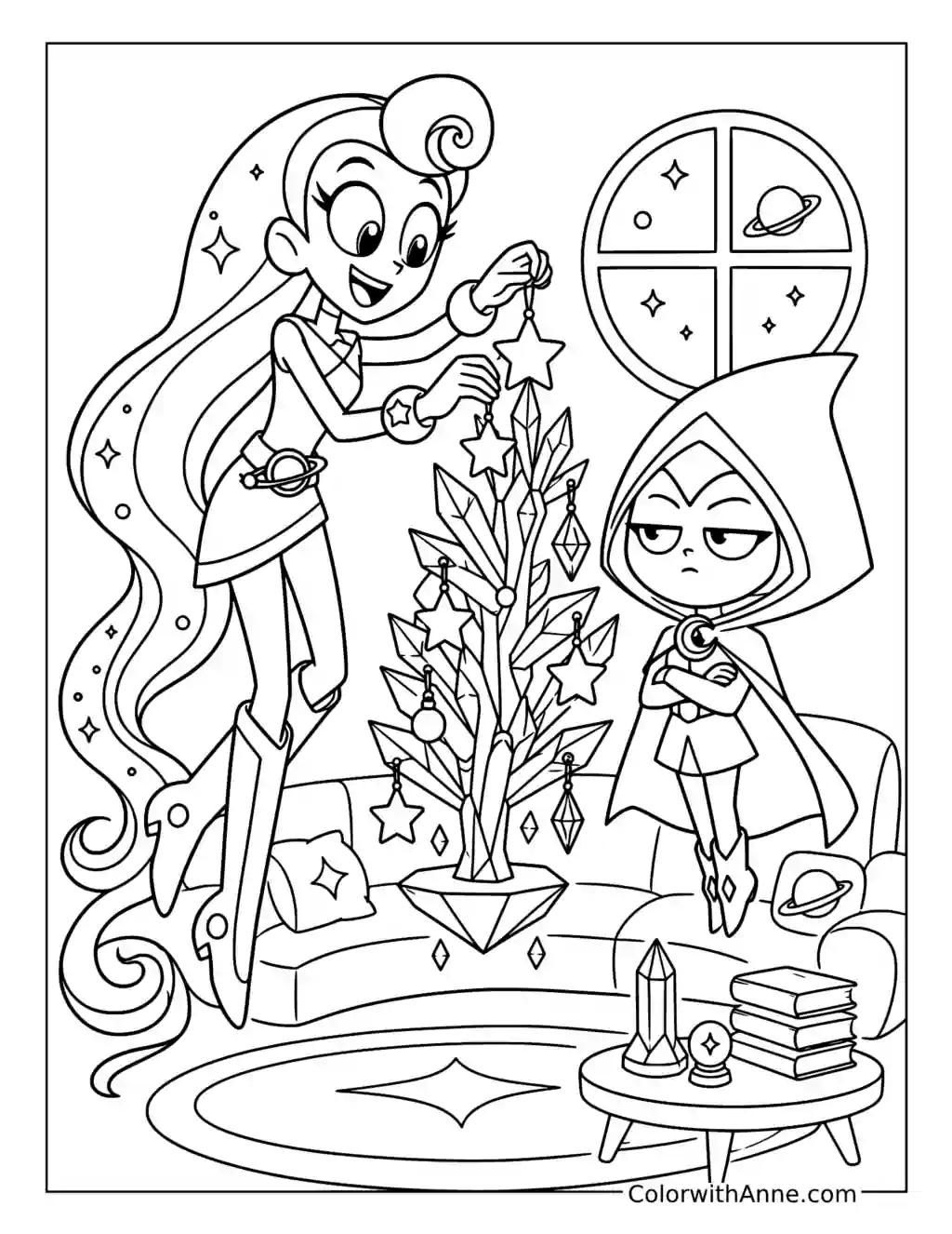 Starfire Decorates a Crystal Tree While Raven Watches Coloring Page