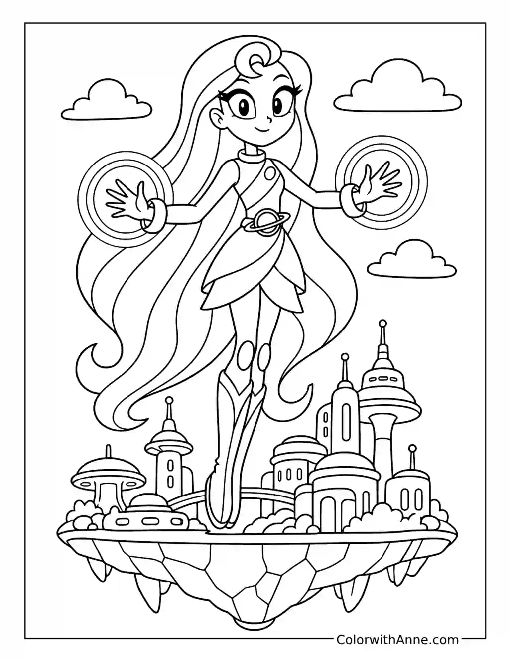 Starfire Hovers Above a Floating City Coloring Page