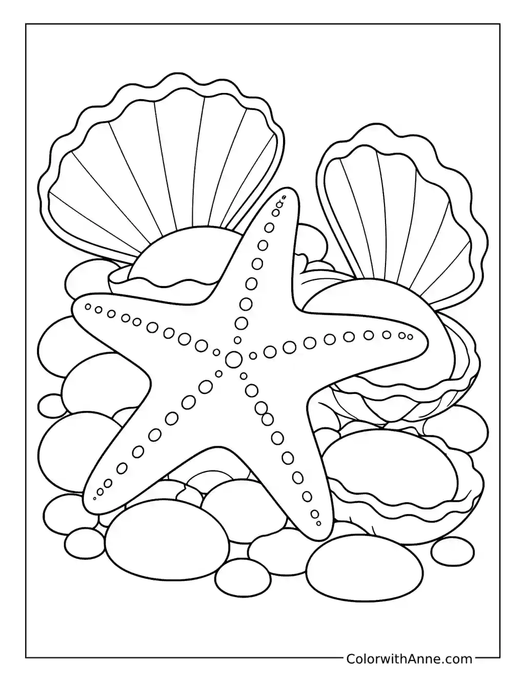 Starfish Among Open Clams and Beach Stones coloring page