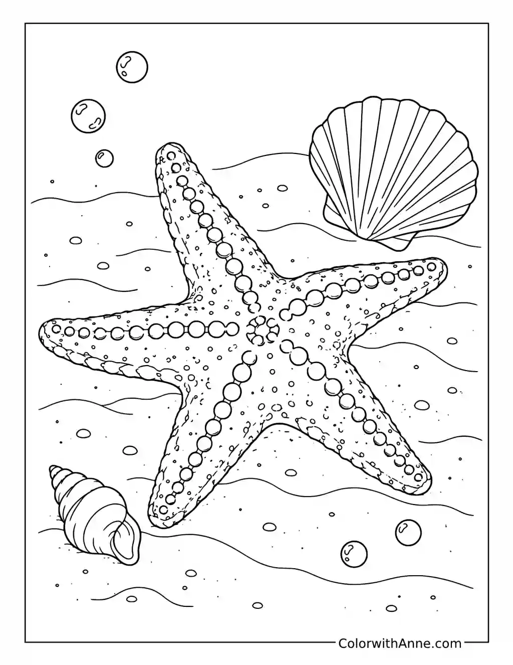 Starfish Beside a Giant Scallop Shell coloring page