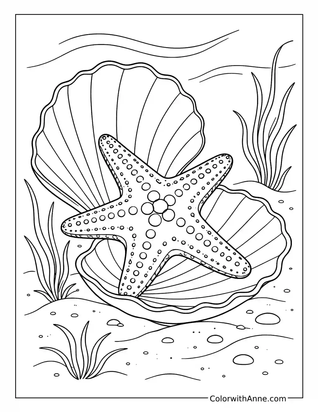 Starfish Resting on an Open Clamshell coloring page