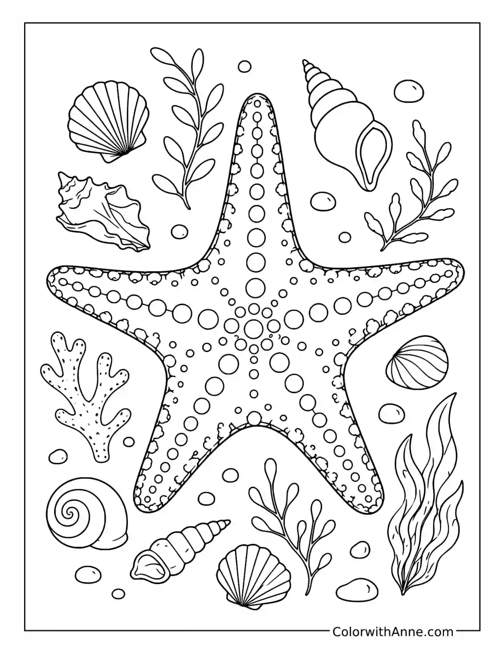 Starfish Surrounded by Shells and Seaweed coloring page