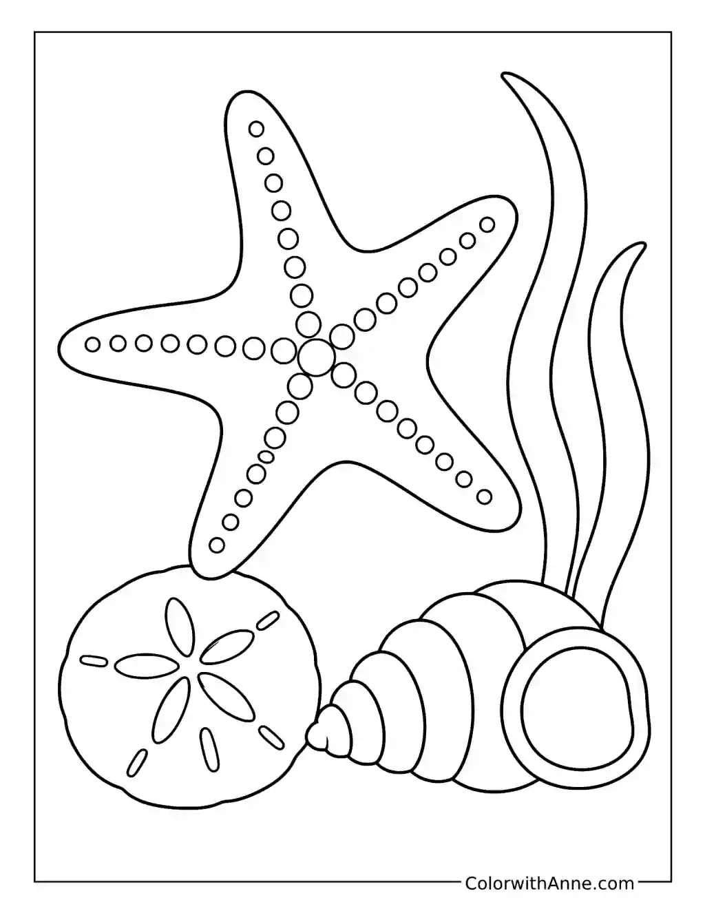 Starfish with a Sand Dollar and Sea Grass coloring page