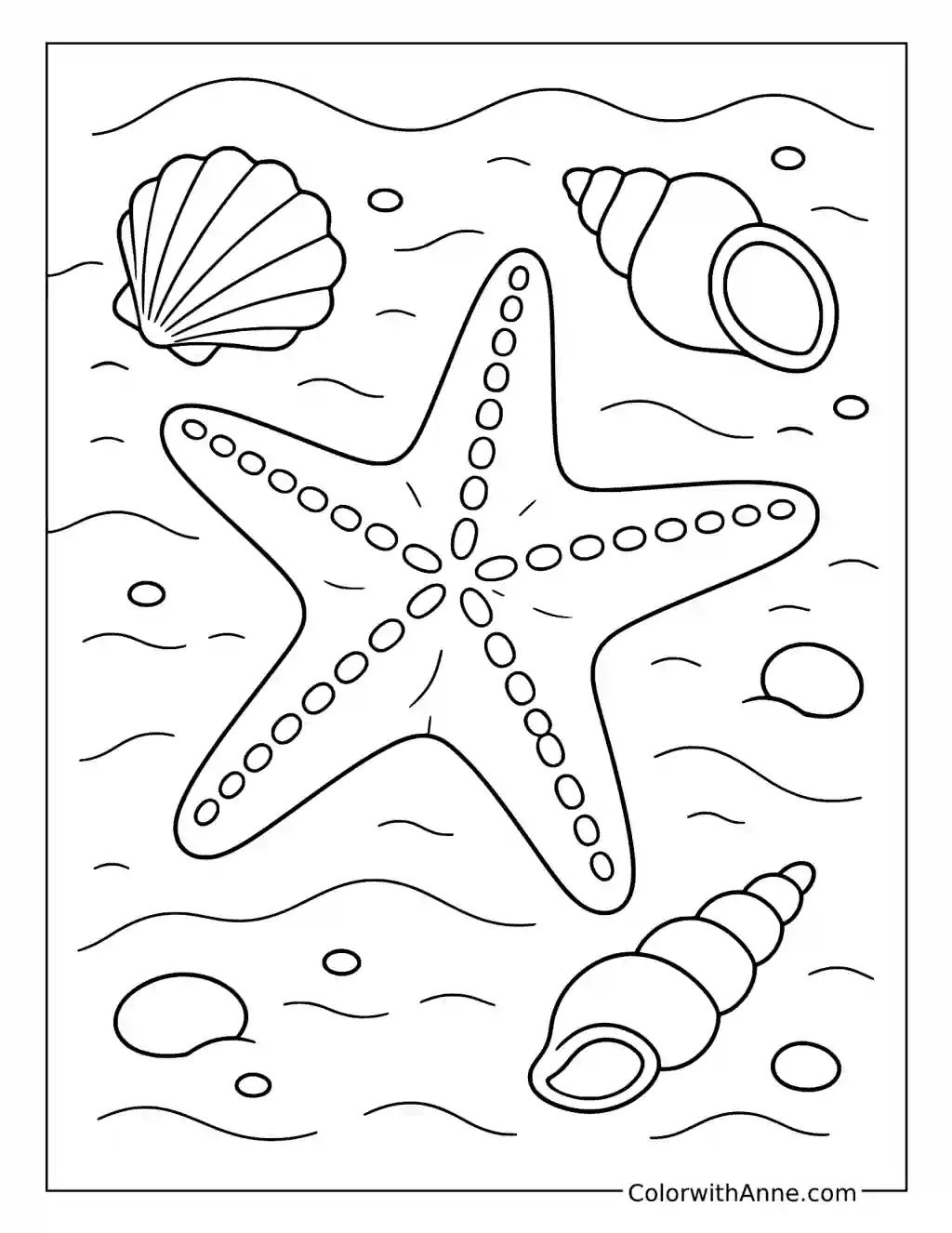 Starfish with a Scallop Shell and Spiral Shells coloring page