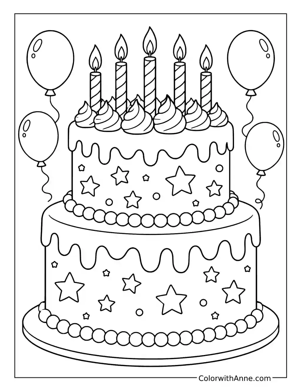 Starry Balloon Birthday Cake coloring page