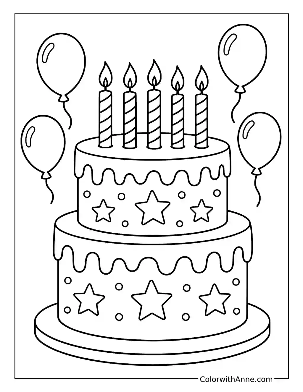 Starry Balloon Two-Tier Birthday Cake coloring page