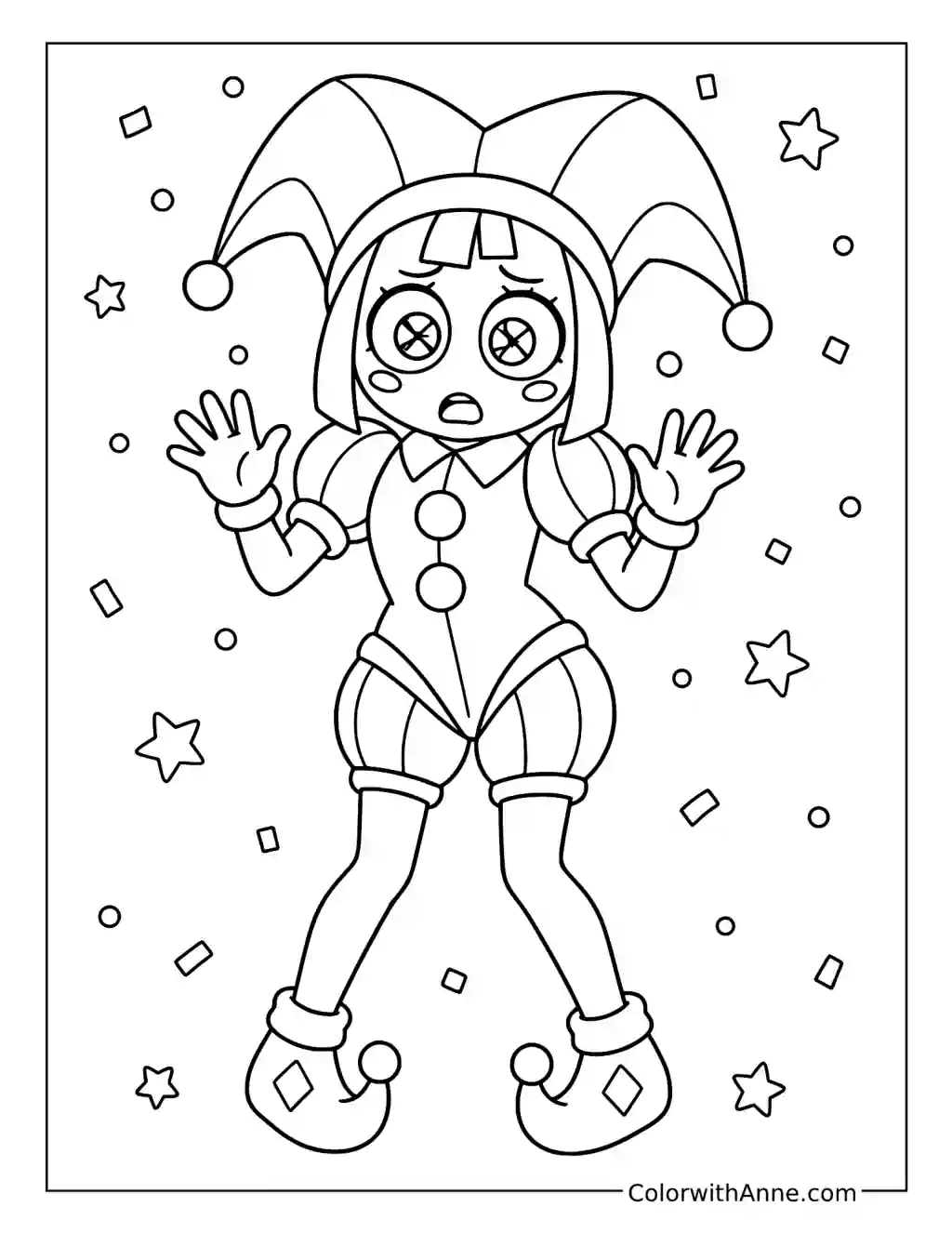 Startled Pomni with Raised Hands coloring page