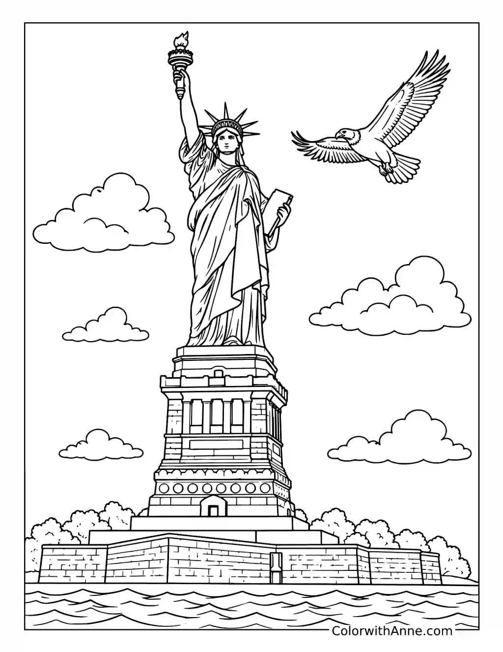 Statue of Liberty with a Bald Eagle coloring page