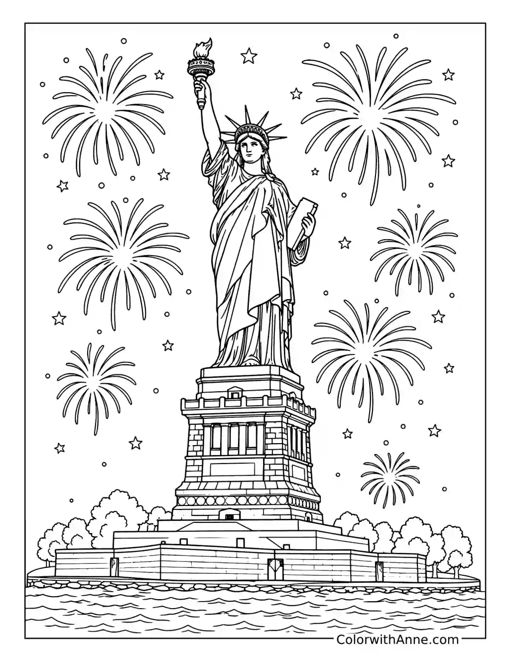 Statue of Liberty with Fireworks coloring page