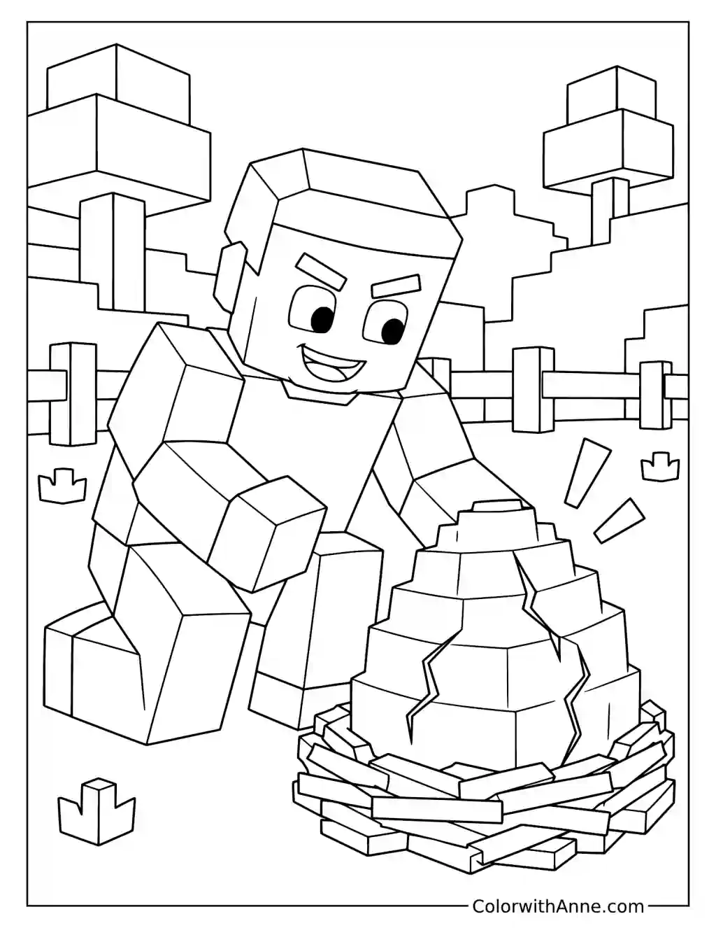 A blocky player reaches toward a cracked stacked egg in a nest among trees and fences.
