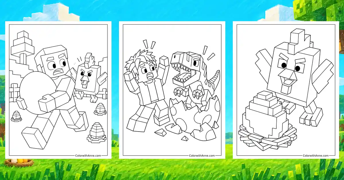 Three blocky egg chase, dinosaur hatching, and chicken coloring sheets over a bright game landscape.