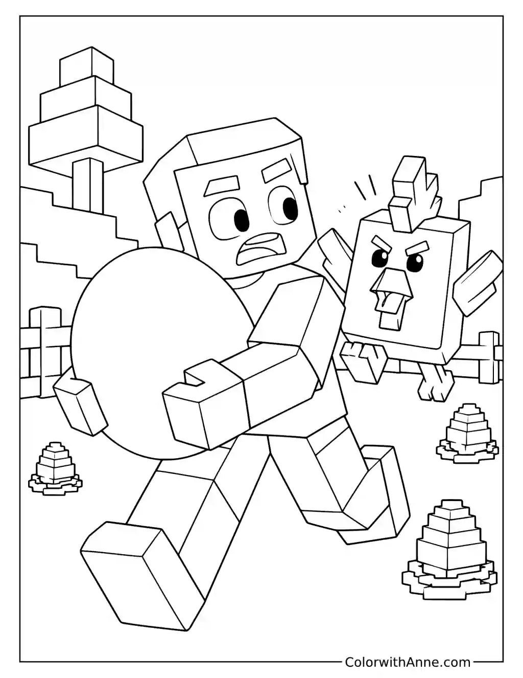A frightened blocky player clutches an egg while a chicken chases past several woodland nests.