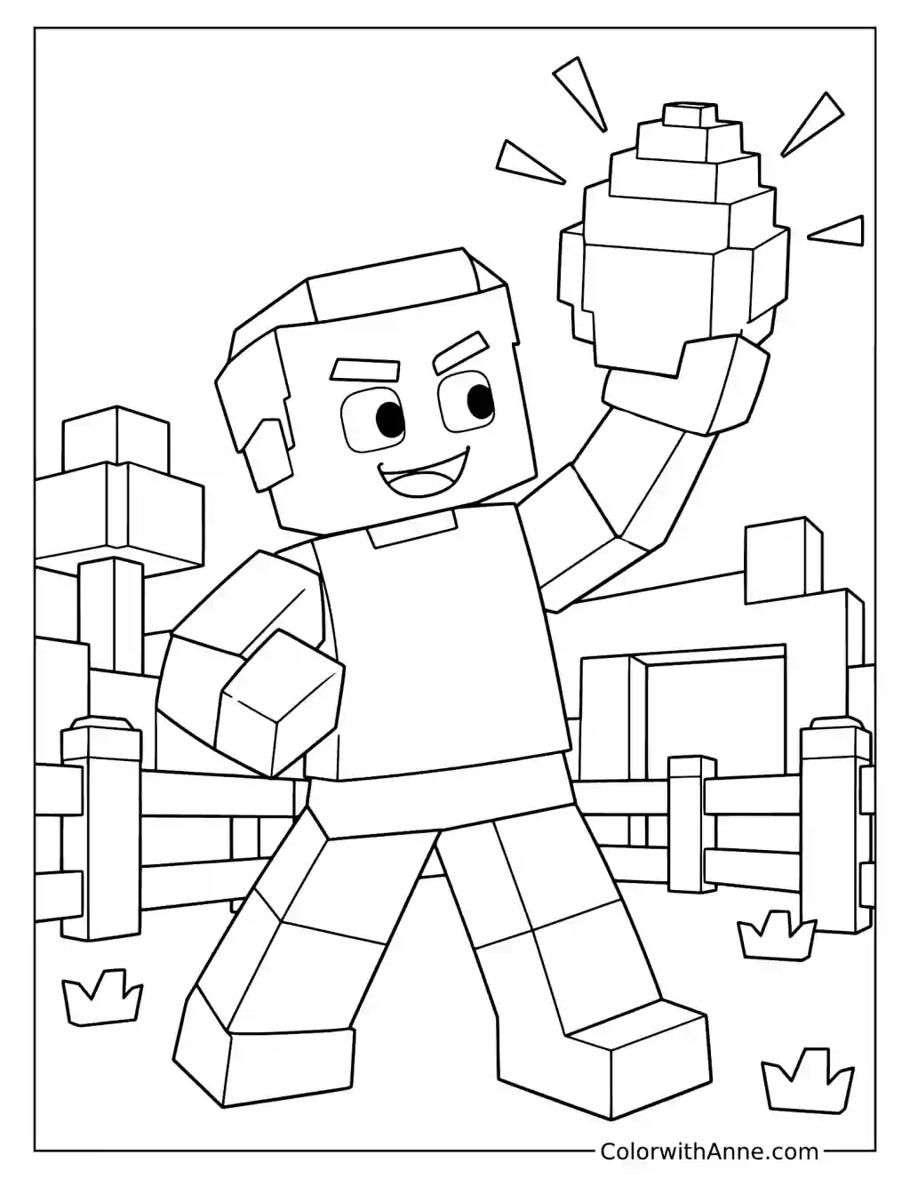 A smiling blocky player holds a stepped egg overhead in a fenced grassy game landscape.