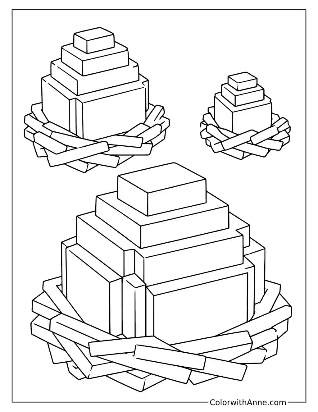 Three twig nests hold stepped block shaped eggs arranged at different distances on a white background.
