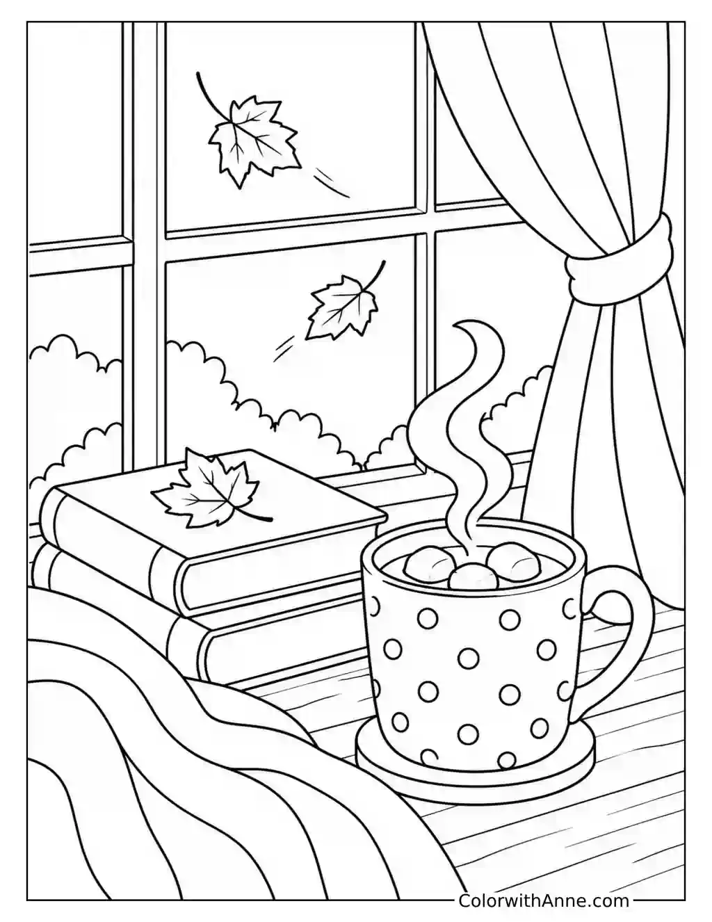 Steaming Polka-Dot Mug by an Autumn Window coloring page