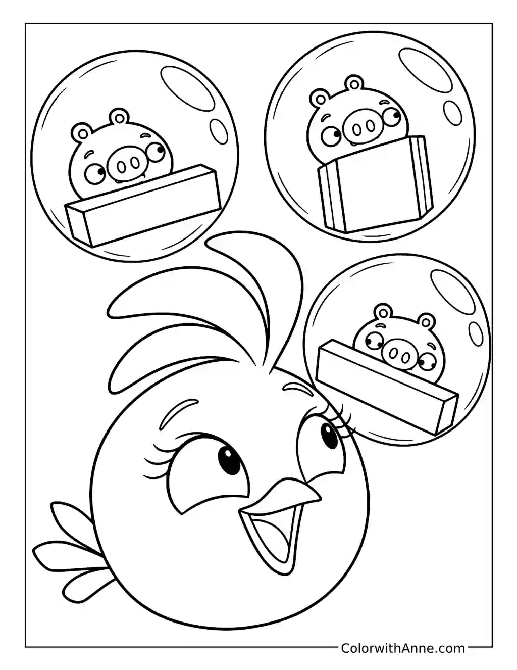 Stella smiles beneath three floating bubbles, each holding a pig with a wooden block.