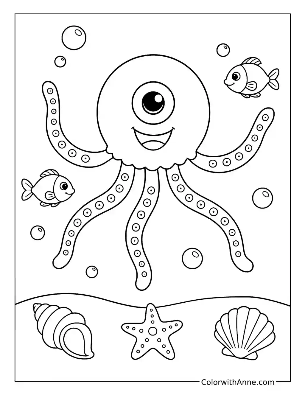 Stinger Flynn Swimming with Fish and Seashells coloring page