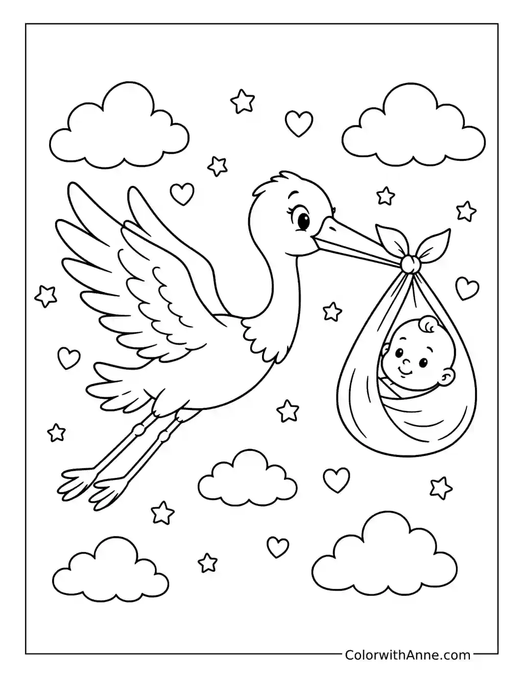 Stork Delivering a Baby Bundle coloring page