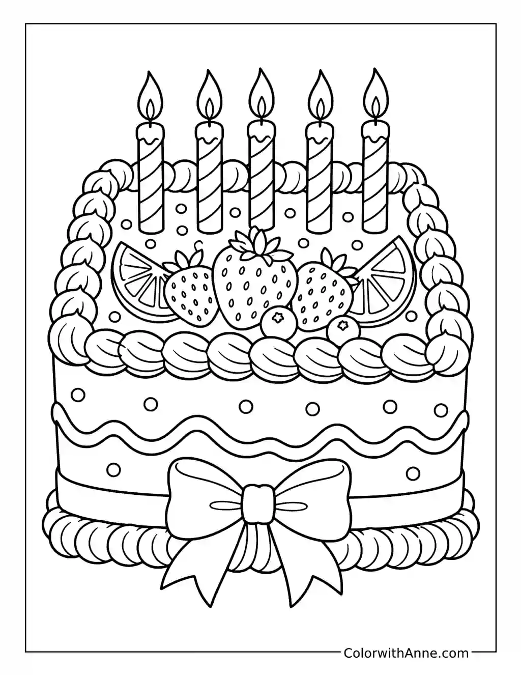 Strawberry Citrus Birthday Cake with Bow coloring page