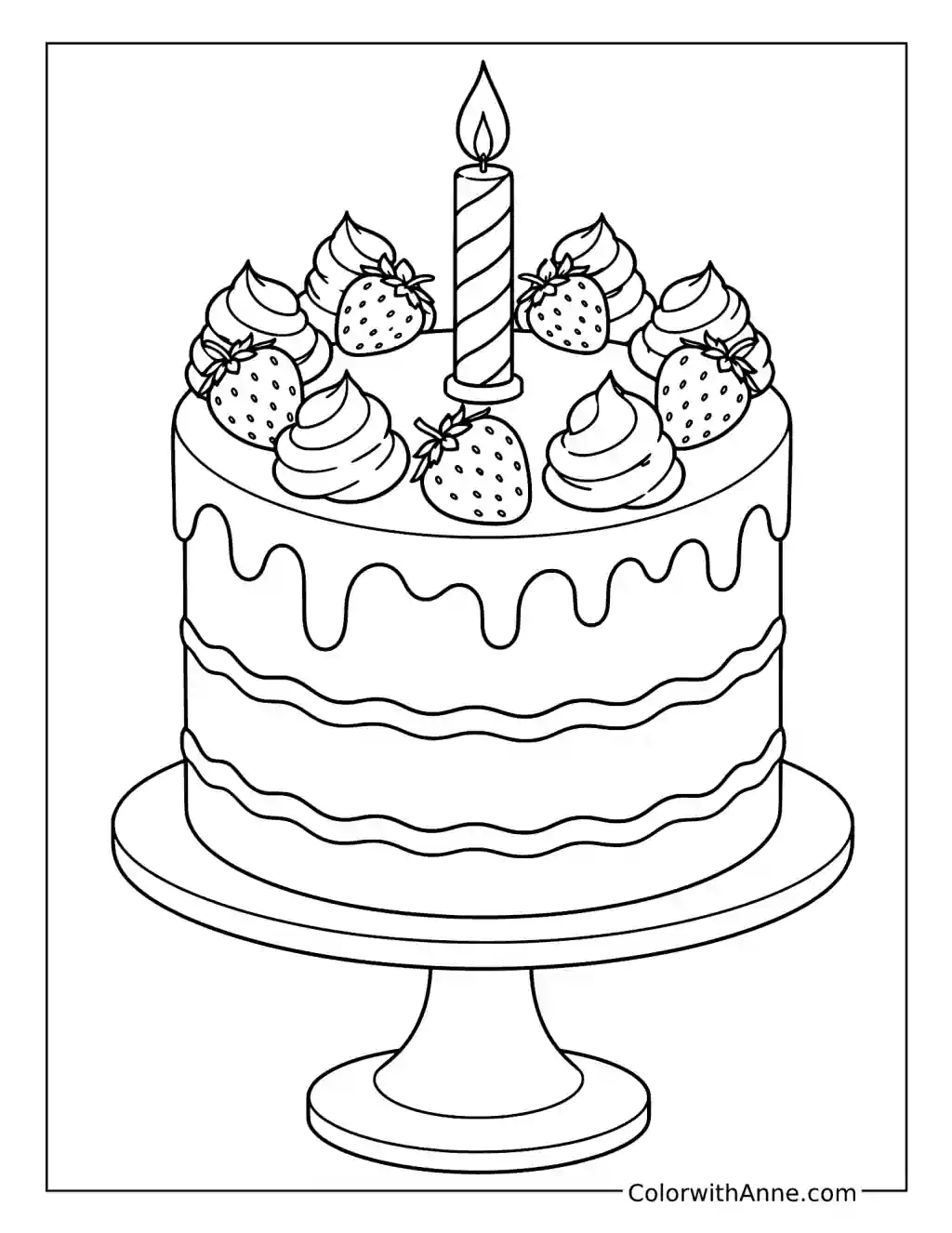 Strawberry Cream Drip Birthday Cake coloring page