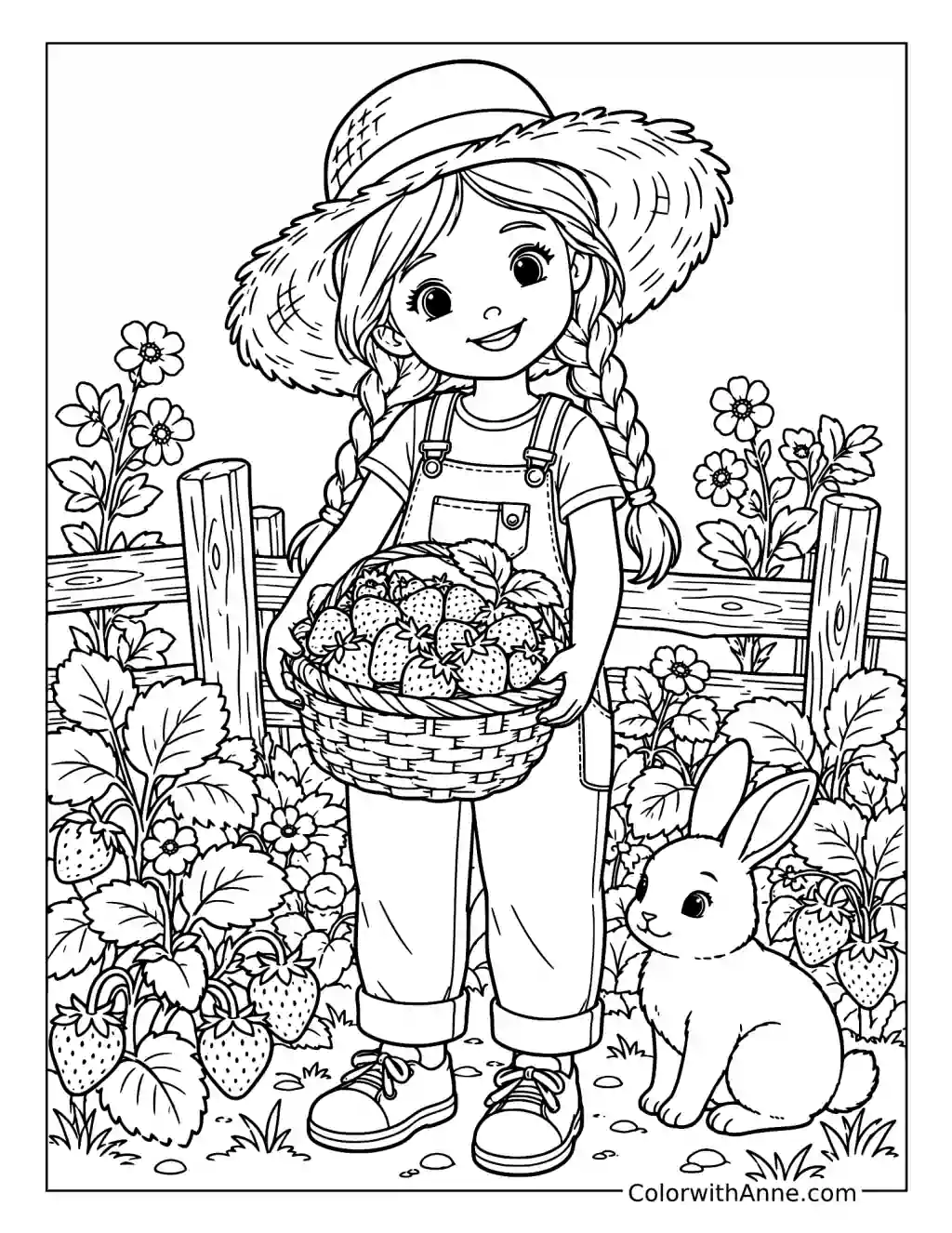 Strawberry Garden Girl and Bunny coloring page