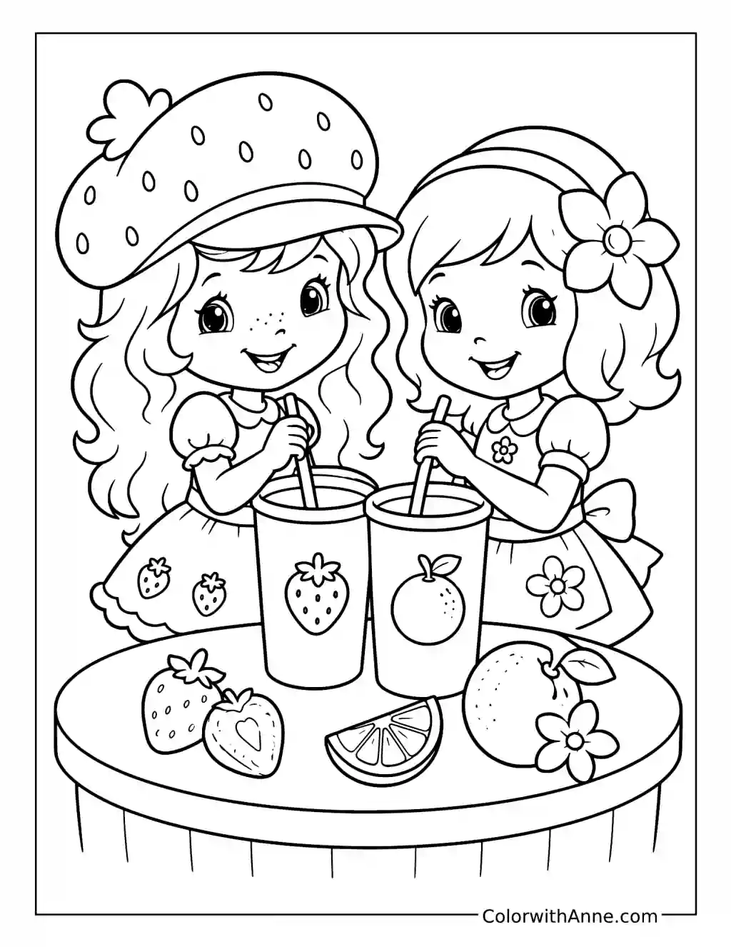 Strawberry Shortcake and Orange Blossom Enjoying Fruit Drinks coloring page