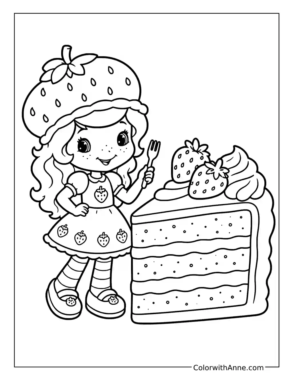Strawberry Shortcake beside a Giant Slice of Cake coloring page