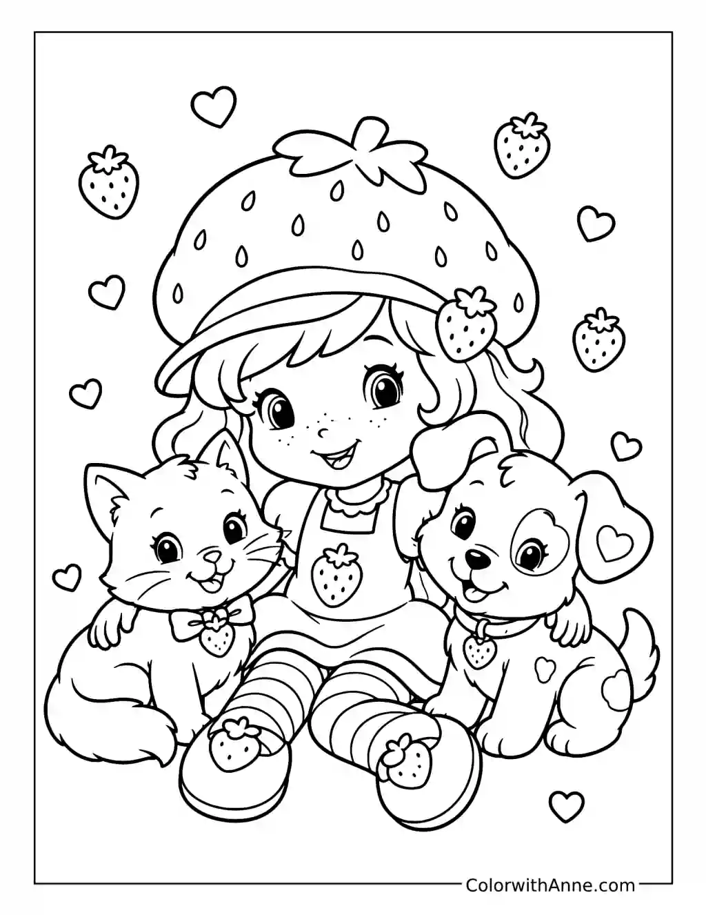 Strawberry Shortcake Cuddling Custard and Pupcake coloring page