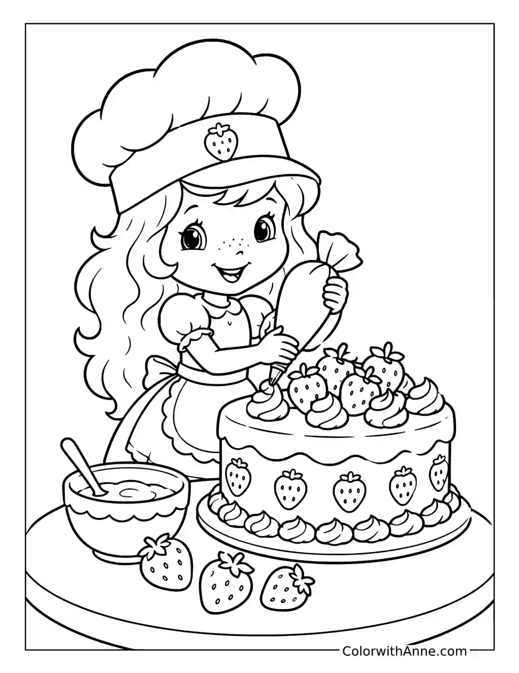 Strawberry Shortcake Decorating a Cake coloring page