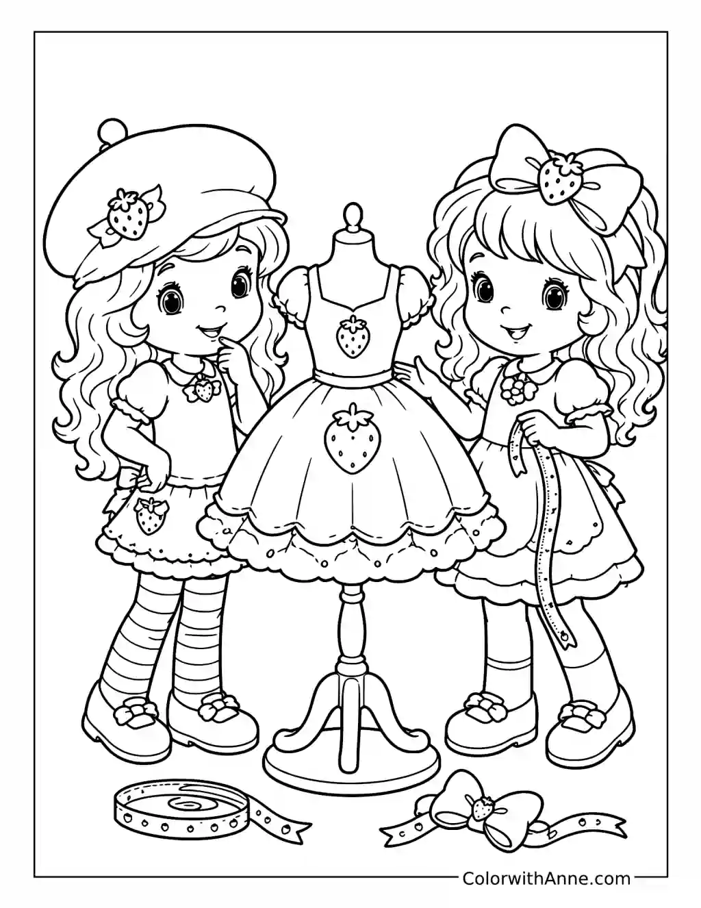 Strawberry Shortcake Designing a Dress on a Mannequin coloring page