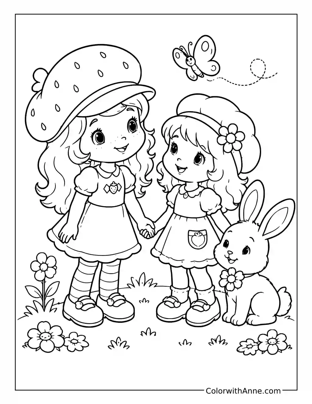 Strawberry Shortcake Holding Hands in a Flower Garden coloring page
