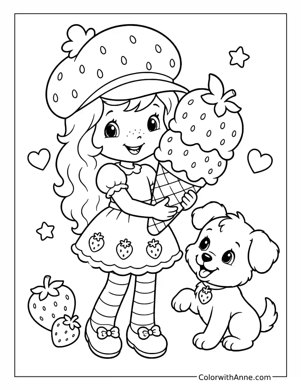 Strawberry Shortcake Holding Ice Cream beside Pupcake coloring page
