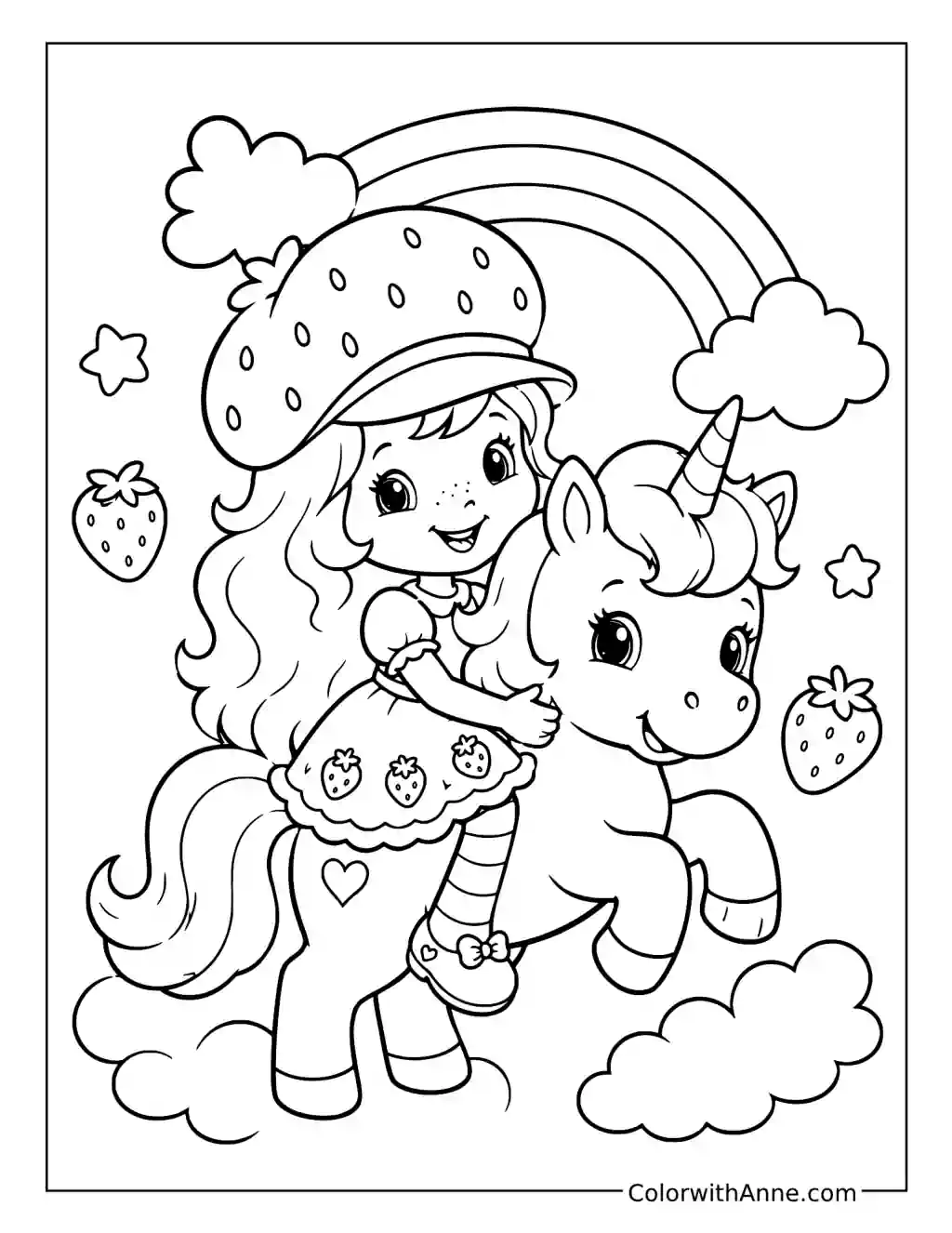 Strawberry Shortcake Riding a Unicorn beneath a Rainbow coloring page