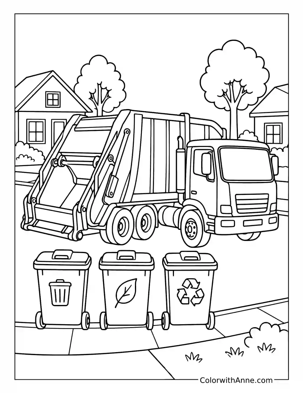 Suburban Garbage Truck and Recycling Bins coloring page