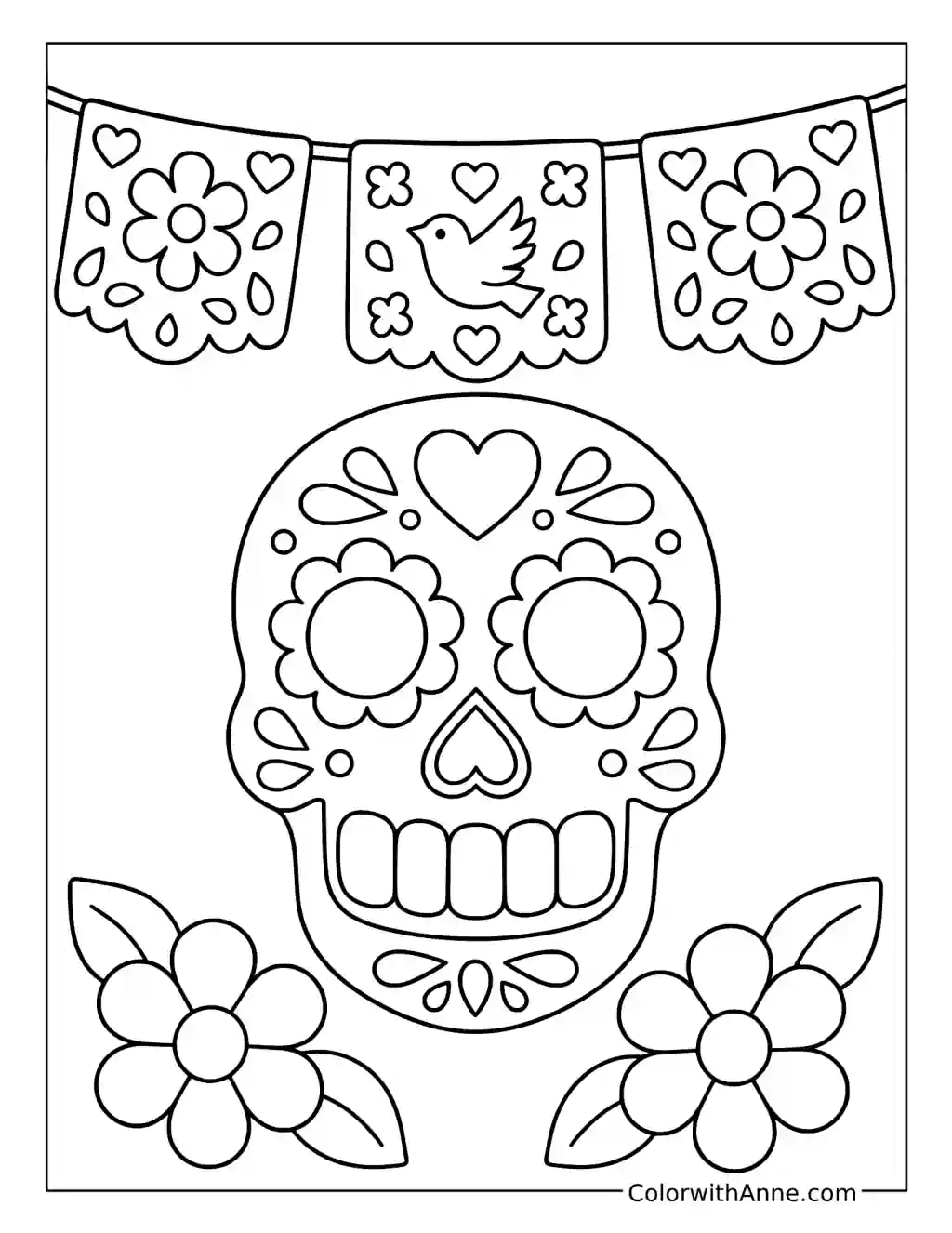 Sugar Skull Beneath Papel Picado Banners coloring page