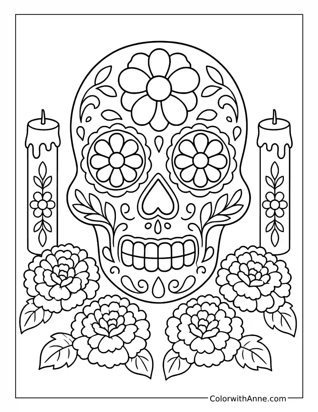 Sugar Skull Between Candles Above Marigolds coloring page