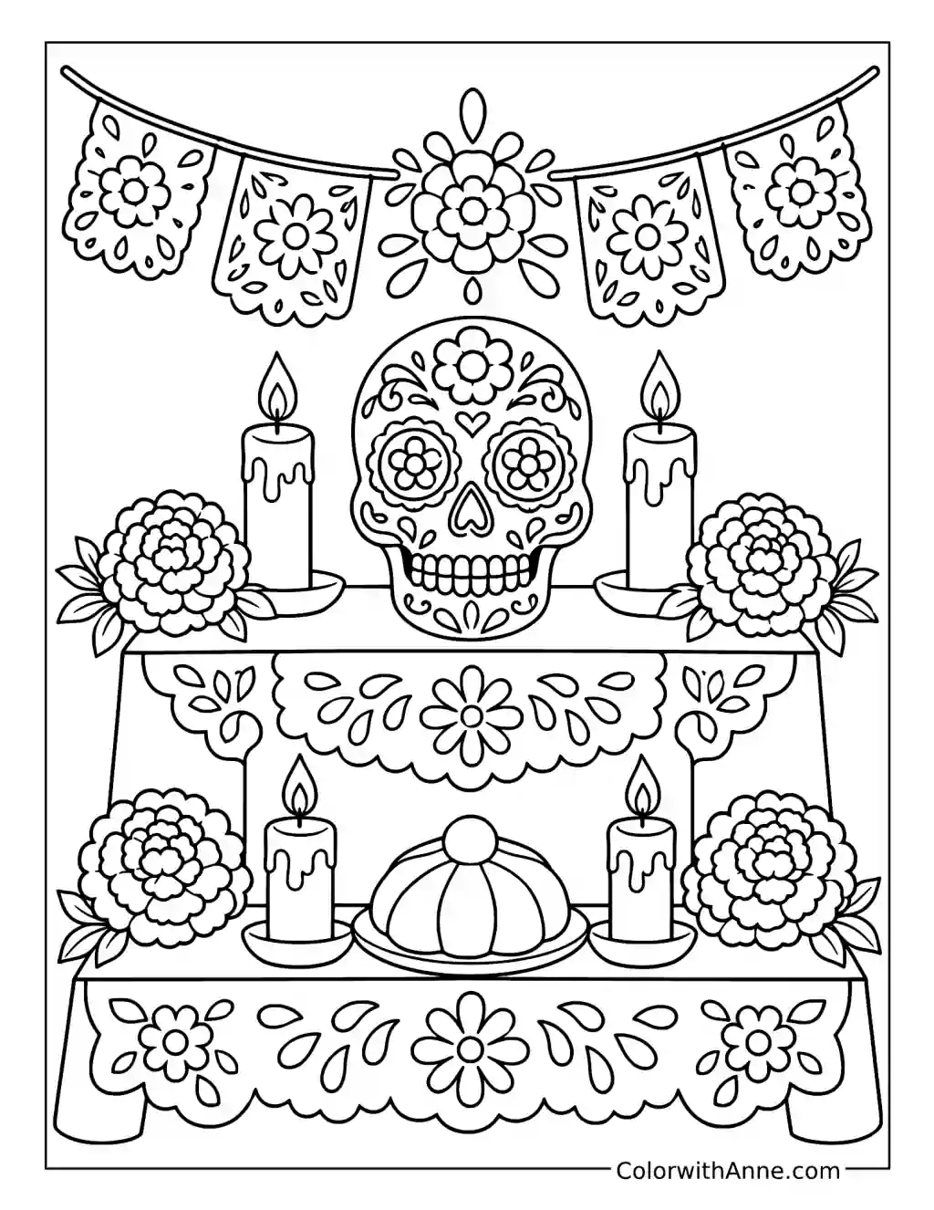 Sugar Skull on an Ofrenda with Candles and Marigolds coloring page